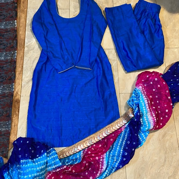 Salwar Kameez Other - Vibrant Blue Traditional Outfit Colorful Scarf Dupatta Three Piece Pant Suit